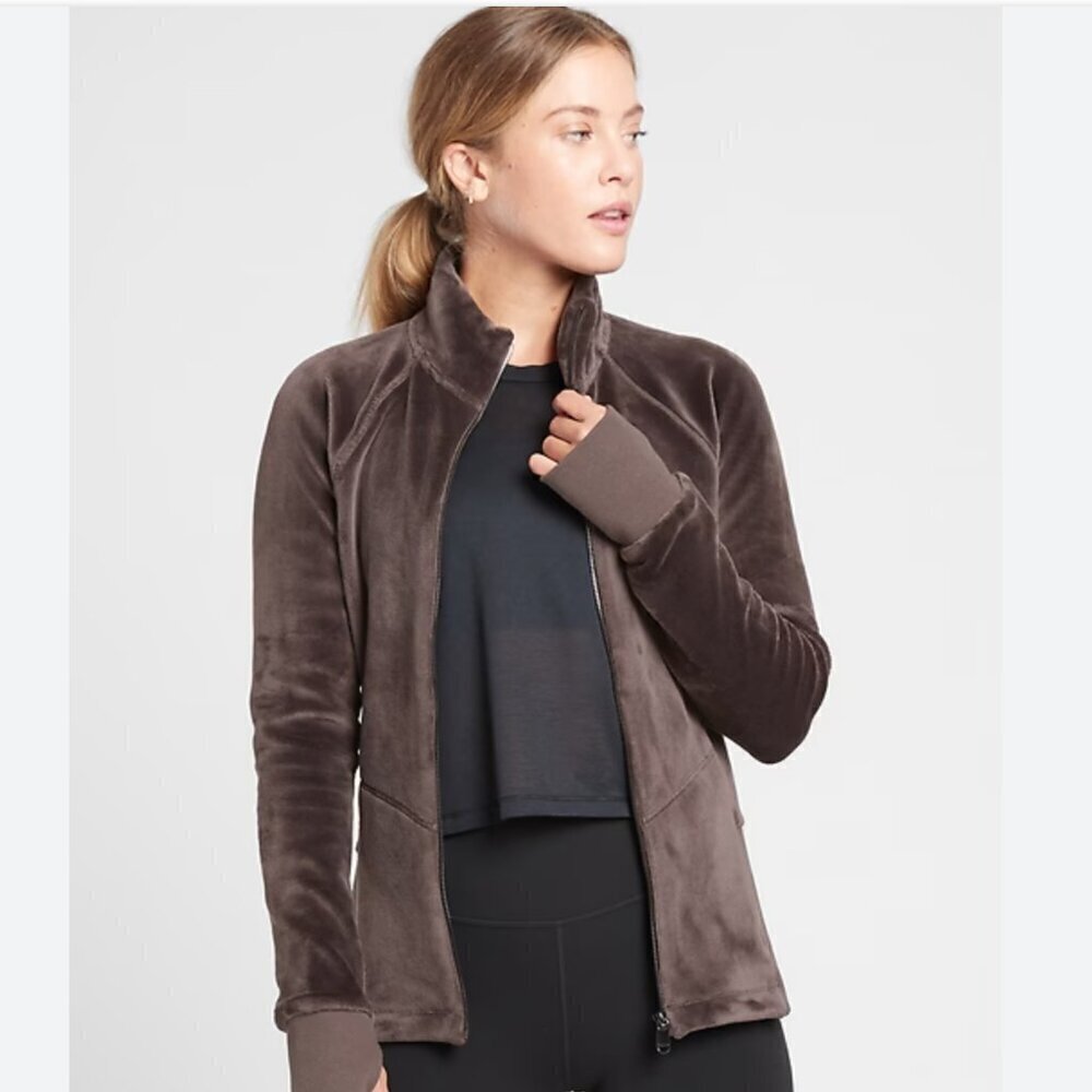 Athleta Cloud Fleece Velour Sweatshirt Jacket Shale Grey Women's Size Small